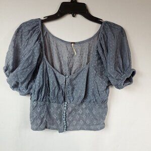 Free People Blue Grey Heartstrings Corset Crop Top Puff Slv Womens Sz Small